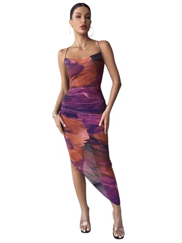 SweatyRocks Damen Batik Midikleid Spaghettiträger Sommerkleid Rückenfrei Partykleid Asymmetrisch Bodycon Urlaubkleid mit Kreuzgurt Violett XL von SweatyRocks