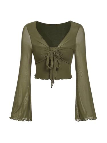 SweatyRocks Damen Bauchfreies Oberteil V Ausschnitt Lässig Langarm T-Shirts Crop Tops mit Glockenärmeln Armeegrün XS von SweatyRocks