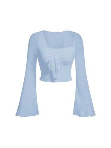 SweatyRocks Damen Bauchfreies Oberteil V Ausschnitt Lässig Langarm T-Shirts Crop Tops mit Glockenärmeln Blau M von SweatyRocks