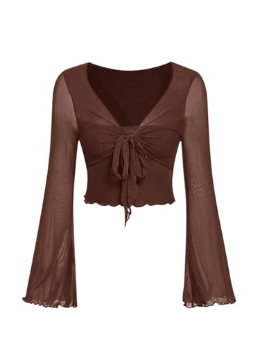 SweatyRocks Damen Bauchfreies Oberteil V Ausschnitt Lässig Langarm T-Shirts Crop Tops mit Glockenärmeln Braun M von SweatyRocks