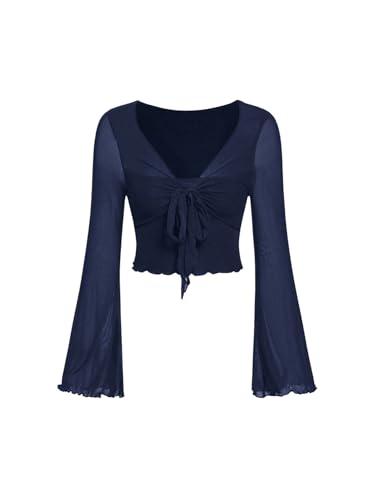 SweatyRocks Damen Bauchfreies Oberteil V Ausschnitt Lässig Langarm T-Shirts Crop Tops mit Glockenärmeln Dunkelblau XS von SweatyRocks