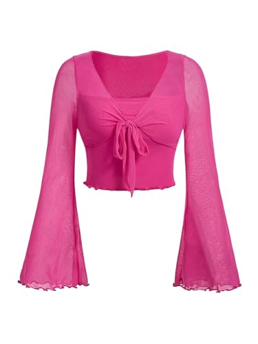 SweatyRocks Damen Bauchfreies Oberteil V Ausschnitt Lässig Langarm T-Shirts Crop Tops mit Glockenärmeln Heißes Pink S von SweatyRocks