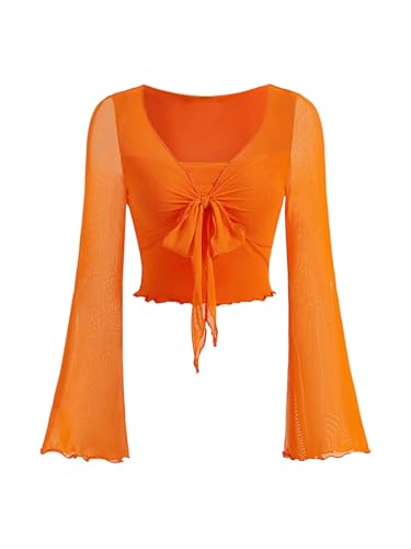 SweatyRocks Damen Bauchfreies Oberteil V Ausschnitt Lässig Langarm T-Shirts Crop Tops mit Glockenärmeln Orange S von SweatyRocks