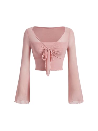 SweatyRocks Damen Bauchfreies Oberteil V Ausschnitt Lässig Langarm T-Shirts Crop Tops mit Glockenärmeln Rosa L von SweatyRocks