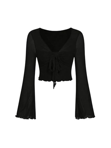 SweatyRocks Damen Bauchfreies Oberteil V Ausschnitt Lässig Langarm T-Shirts Crop Tops mit Glockenärmeln Schwarz XS SweatyRocks Damen Bauchfreies Oberteil V Ausschnitt Lässig Langarm T-Shirts Crop Tops mit Glockenärmeln Schwarz XS von SweatyRocks
