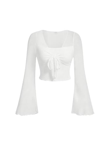 SweatyRocks Damen Bauchfreies Oberteil V Ausschnitt Lässig Langarm T-Shirts Crop Tops mit Glockenärmeln Weiß L von SweatyRocks