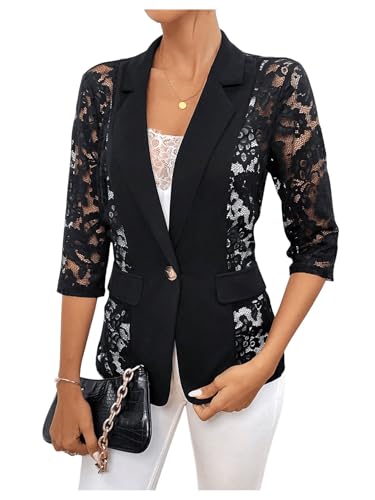 SweatyRocks Damen Blazer Elegant 3/4 Arm Cardigan Clasi Anzugjacke Casual Leicht Jacke Büro Blazer mit Kontrast Spitzen Schwarz L von SweatyRocks