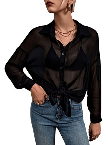 SweatyRocks Mesh Bluse Damen Durchsichtiges Oberteil Langarm Blusenshirt Mit Knöpfe Langarmshirt Netzstoff Schwarz, M von SweatyRocks