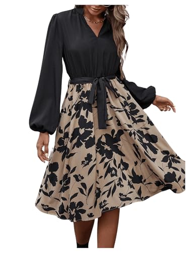 SweatyRocks Damen Blusenkleid Langarm Mit Gürtel Elegant A-Linien Midi Kleid Mit Blumen Herbst Khaki M von SweatyRocks