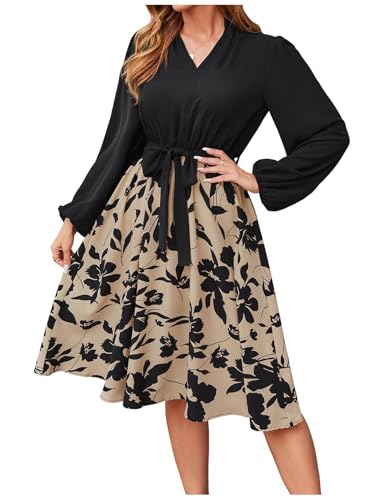 SweatyRocks Damen Blusenkleid Langarm Mit Gürtel Elegant Blumen Midi A-Linien Kleid Herbst Khaki XL von SweatyRocks