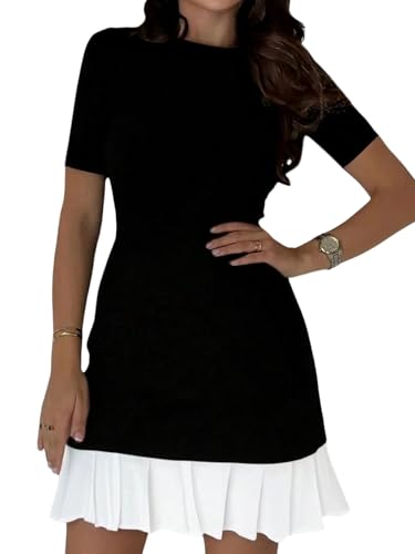 SweatyRocks Damen Bodycon Kleid Kurz Kurzarm Sommerkleid Elegant Kurzarm Kleid Figurbetontes Minikleid Enges Bleistiftkleid Business Outfit Schwarz und Weiß L von SweatyRocks