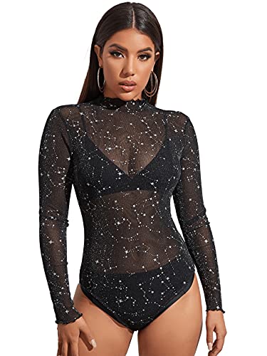 SweatyRocks Mesh Body Damen Glitzer Body Party Bodysuit Durchsichtige Body Langarmbody Mit Stehkragen Schwarz, XL von SweatyRocks