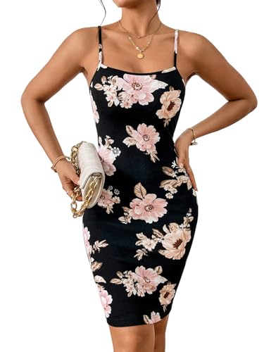SweatyRocks Damen Boho Kleid Sommer Minikleid mit Blumenmuster Bodycon Kleider Ärmellos Freizeitkleid Kurz Spaghettiträger Strandkleid Schwarz S von SweatyRocks