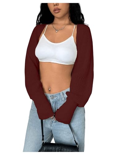 SweatyRocks Damen Boleros Shrug Cardigan Sweaters Offener Front Crop Jäckchen Rippstrick Langarm Jacke Kurze Strickjacke Rot S von SweatyRocks
