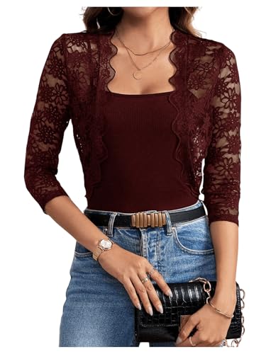 SweatyRocks Damen Boleros Transparent Cardigans Blouson Leicht Jacke Offener Front Kurze Spitzen Jacke 3/4 Arm Crop Jäckchen Kurzjacke mit Spitzen Bordeaux XL von SweatyRocks