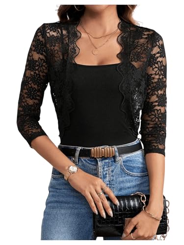SweatyRocks Damen Boleros Transparent Cardigans Blouson Leicht Jacke Offener Front Kurze Spitzen Jacke 3/4 Arm Crop Jäckchen Kurzjacke mit Spitzen Schwarz L von SweatyRocks