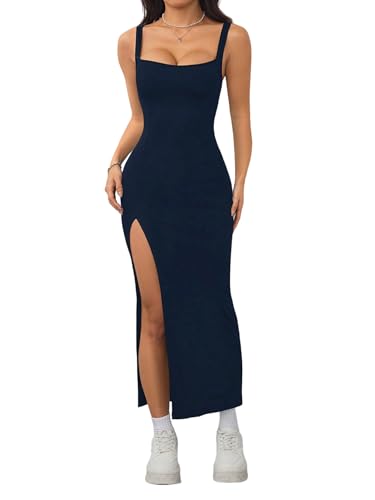 SweatyRocks Damen Cami Kleid Elegant Ärmelloses Kleid mit Schlitz Sommer Spaghettiträger Kleider Lang Sommerkleid Bodycon Maxikleid Partykleid Dunkelblau M von SweatyRocks