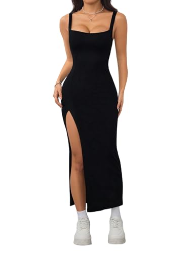 SweatyRocks Damen Cami Kleid Elegant Ärmelloses Kleid mit Schlitz Sommer Spaghettiträger Kleider Lang Sommerkleid Bodycon Maxikleid Partykleid Schwarz S von SweatyRocks