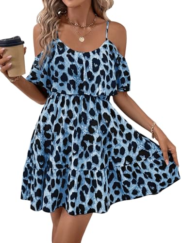 SweatyRocks Damen Cold Shoulder Kleid Leo Sommerkleid Spaghettiträger Freizeitkleid Casual Kurzkleid Ärmellos A Linie Kleid mit Leopardenmuster Blau L von SweatyRocks