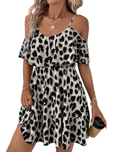 SweatyRocks Damen Cold Shoulder Kleid Leo Sommerkleid Spaghettiträger Freizeitkleid Casual Kurzkleid Ärmellos A Linie Kleid mit Leopardenmuster Grau S von SweatyRocks
