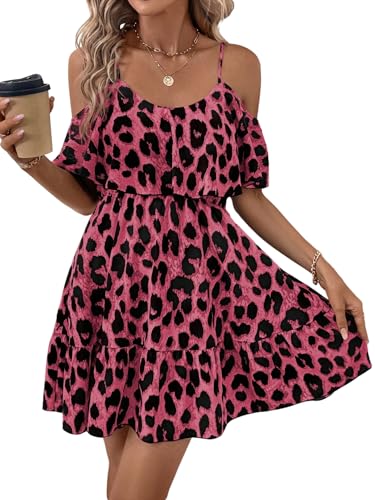 SweatyRocks Damen Cold Shoulder Kleid Leo Sommerkleid Spaghettiträger Freizeitkleid Casual Kurzkleid Ärmellos A Linie Kleid mit Leopardenmuster Heißes Pink XL von SweatyRocks