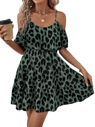 SweatyRocks Damen Cold Shoulder Kleid Leo Sommerkleid Spaghettiträger Freizeitkleid Casual Kurzkleid Ärmellos A Linie Kleid mit Leopardenmuster Olivgrün XL von SweatyRocks