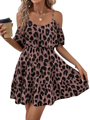 SweatyRocks Damen Cold Shoulder Kleid Leo Sommerkleid Spaghettiträger Freizeitkleid Casual Kurzkleid Ärmellos A Linie Kleid mit Leopardenmuster Rosa S von SweatyRocks