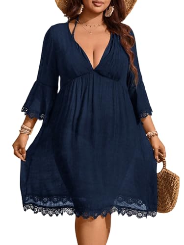 SweatyRocks Damen Cover-Up Kleid Große Größen Strandkleid V Ausschnitt Kurze Boho Bikini Cover Up Kleid 3/4 Arm Sommerkleid mit Spitze Dunkelblau 2XL von SweatyRocks