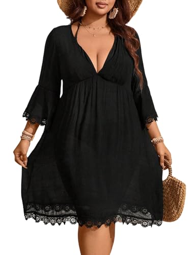 SweatyRocks Damen Cover-Up Kleid Große Größen Strandkleid V Ausschnitt Kurze Boho Bikini Cover Up Kleid 3/4 Arm Sommerkleid mit Spitze Schwarz 3XL SweatyRocks Damen Cover-Up Kleid Große Größen Strandkleid V Ausschnitt Kurze Boho Bikini Cover Up Kleid 3/4 Arm Sommerkleid mit Spitze Schwarz 3XL von SweatyRocks