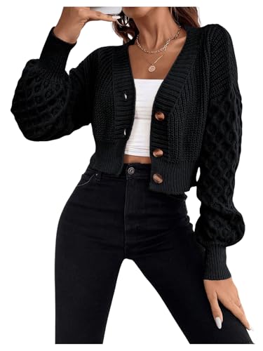 SweatyRocks Damen Crop Cardigan Strickjacke Pullover Jacke Pulli Drop Shoulder Cardigans Strick Sweater mit V Ausschnitt Schwarz M von SweatyRocks