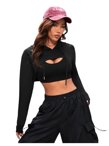 SweatyRocks Damen Crop Hoodie Pullover Sehr Kurz Sweatshirts Langarm Pulli Rundkragen Cut Outs Shirts mit Kapuze Schwarz L von SweatyRocks