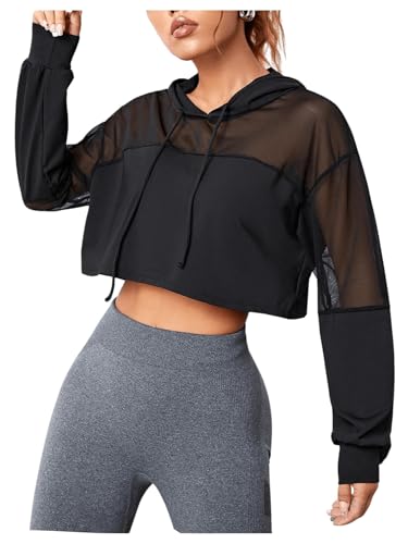 SweatyRocks Damen Crop Hoodie Pullover Sport Kurz Sweatshirts Langarm Oberteil Mesh Langarmshirts mit Kapuze Schwarz L von SweatyRocks