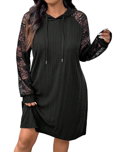 SweatyRocks Damen Curvy Hoodie Kleid Langarm Strickkleid mit Spitzenärmeln Freizeitkleid Knielang Langarmkleid Rippstrick Pulloverkleid Herbstkleid Schwarz 4XL von SweatyRocks