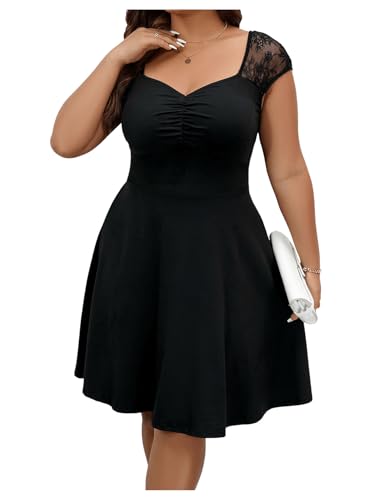 SweatyRocks Damen Curvy Kleid A-Linie Sommerkleid Knielang Freizeitkleid Ausgestelltes Shortkleid Übergröße kurzes Kleid mit Spitzen Schwarz 3XL von SweatyRocks