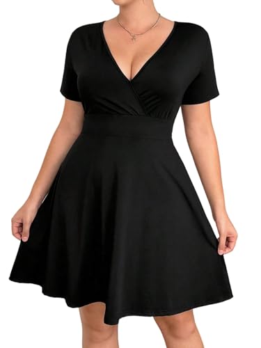 SweatyRocks Damen Curvy Kleid A-Linie Strickkleid V Ausschnitt Sommerkleider Kurzarm Wickelnkleider Elegant Freizeitkleid Kurz Übergröße Casualkleid Schwarz 2XL von SweatyRocks