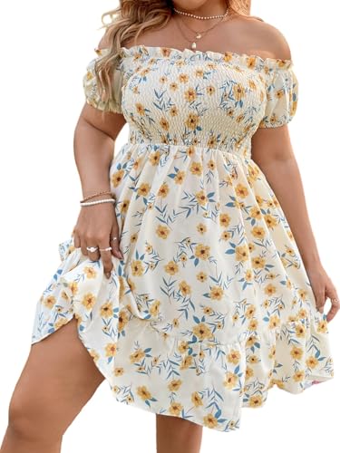 SweatyRocks Damen Curvy Kleid Blumenmuster Kurze Kleider Schulterfreies Sommerkleid Große Größen Boho-Kleid mit Rüschensaum A Linie Damenkleider Gelb 4XL SweatyRocks Damen Curvy Kleid Blumenmuster Kurze Kleider Schulterfreies Sommerkleid Große Größen Boho-Kleid mit Rüschensaum A Linie Damenkleider Gelb 4XL von SweatyRocks