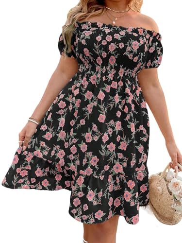 SweatyRocks Damen Curvy Kleid Blumenmuster Kurze Kleider Schulterfreies Sommerkleid Große Größen Boho-Kleid mit Rüschensaum A Linie Damenkleider Schwarz 3XL von SweatyRocks