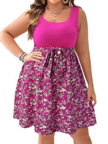 SweatyRocks Damen Curvy Kleid Große Größen Ärmellose Kurze Kleider Blümchenmuster Sommerkleider mit Gürtel U Ausschnitt Blumenkleid Boho Freizeitkleid Violett 4XL von SweatyRocks