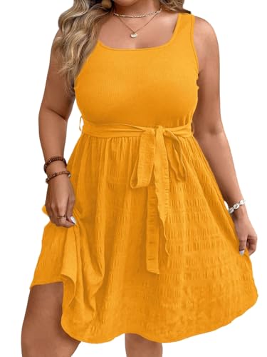 SweatyRocks Damen Curvy Kleid Große Größen Kurze Kleider Ärmelloses Sommerkleid Knielang Trägerkleid A Linie Damenkleider mit Gürtel Plus Size Freizeitkleid Gelb 3XL SweatyRocks Damen Curvy Kleid Große Größen Kurze Kleider Ärmelloses Sommerkleid Knielang Trägerkleid A Linie Damenkleider mit Gürtel Plus Size Freizeitkleid Gelb 3XL von SweatyRocks