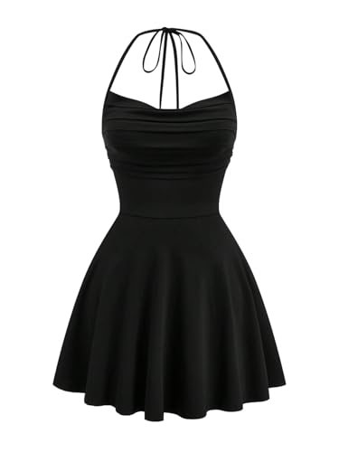 SweatyRocks Damen Curvy Kleid Große Größen Neckholder Sommerkleid Kurze Kleider Rückenfreies Trägerkleid Ärmelloses Minikleid Freizeitkleid mit Knoten Schwarz 2XL von SweatyRocks