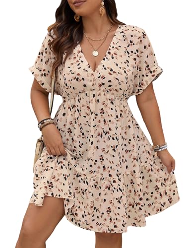 SweatyRocks Damen Curvy Kleid Große Größen V Ausschnitt Sommerkleid Kurzarm Blumenkleid Kurze Damenkleider Boho Kleider Curvy A Linie Wickelkleid Aprikosenfarben 4XL von SweatyRocks