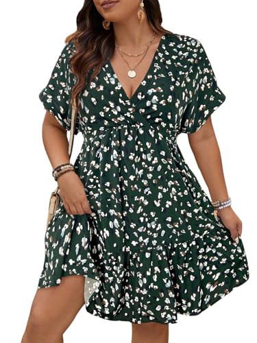 SweatyRocks Damen Curvy Kleid Große Größen V Ausschnitt Sommerkleid Kurzarm Blumenkleid Kurze Damenkleider Boho Kleider Curvy A Linie Wickelkleid Dunkelgrün 3XL von SweatyRocks