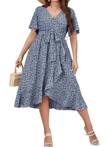 SweatyRocks Damen Curvy Kleid Langes Wickelkleid Blümchenmuster Sommerkleid V Ausschnitt Midikleid mit Gürtel Kurzarm Große Größen A Linie Kleider Blau 3XL von SweatyRocks
