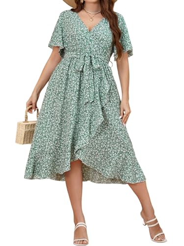 SweatyRocks Damen Curvy Kleid Langes Wickelkleid Blümchenmuster Sommerkleid V Ausschnitt Midikleid mit Gürtel Kurzarm Große Größen A Linie Kleider Grün 2XL SweatyRocks Damen Curvy Kleid Langes Wickelkleid Blümchenmuster Sommerkleid V Ausschnitt Midikleid mit Gürtel Kurzarm Große Größen A Linie Kleider Grün 2XL von SweatyRocks