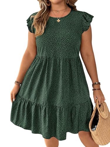 SweatyRocks Damen Curvy Kleid Leoparden Muster Damenkleider Flügelärmel Kurze Kleider Rundkragen Boho Große Größen Sommerkleid Knielang Curvy Mode Grün 2XL von SweatyRocks