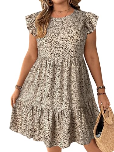 SweatyRocks Damen Curvy Kleid Leoparden Muster Damenkleider Flügelärmel Kurze Kleider Rundkragen Boho Große Größen Sommerkleid Knielang Curvy Mode Khaki 1XL von SweatyRocks