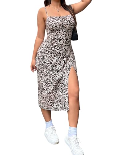 SweatyRocks Damen Curvy Kleid Leopardenmuster Sommerkleider mit Schlitz Spaghettiträger Kleider Rückenfrei Große Größen Trägerkleid Ärmellos Midikleid Freizeitkleid Aprikosenfarben 0XL von SweatyRocks