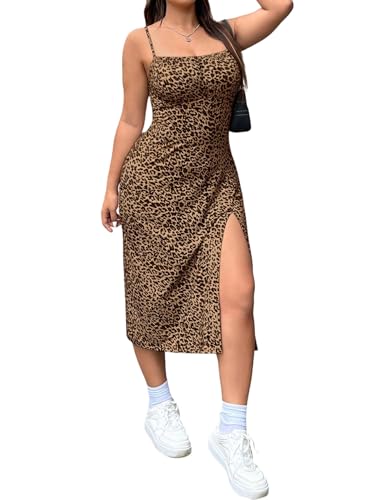 SweatyRocks Damen Curvy Kleid Leopardenmuster Sommerkleider mit Schlitz Spaghettiträger Kleider Rückenfrei Große Größen Trägerkleid Ärmellos Midikleid Freizeitkleid Leo 0XL von SweatyRocks