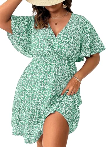SweatyRocks Damen Curvy Kleid Sommerkleid Blümchenmuster Kleider Knielang Blumenkleid Boho Wickelkleid Kurzarm Strandkleid Große Größen A Linie Damenkleider Grün 3XL von SweatyRocks