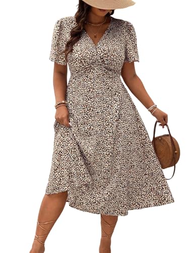 SweatyRocks Damen Curvy Sommerkleid Große Größen Kleider V-Ausschnitt Bohokleid Casual Freizeitkleid A Linie Minikleid Strandkleid mit Twist-Front Beige 0XL von SweatyRocks